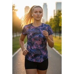 UA CoolSwitch Run Under Armour Shirt blue pink workout tee womens L athletic top